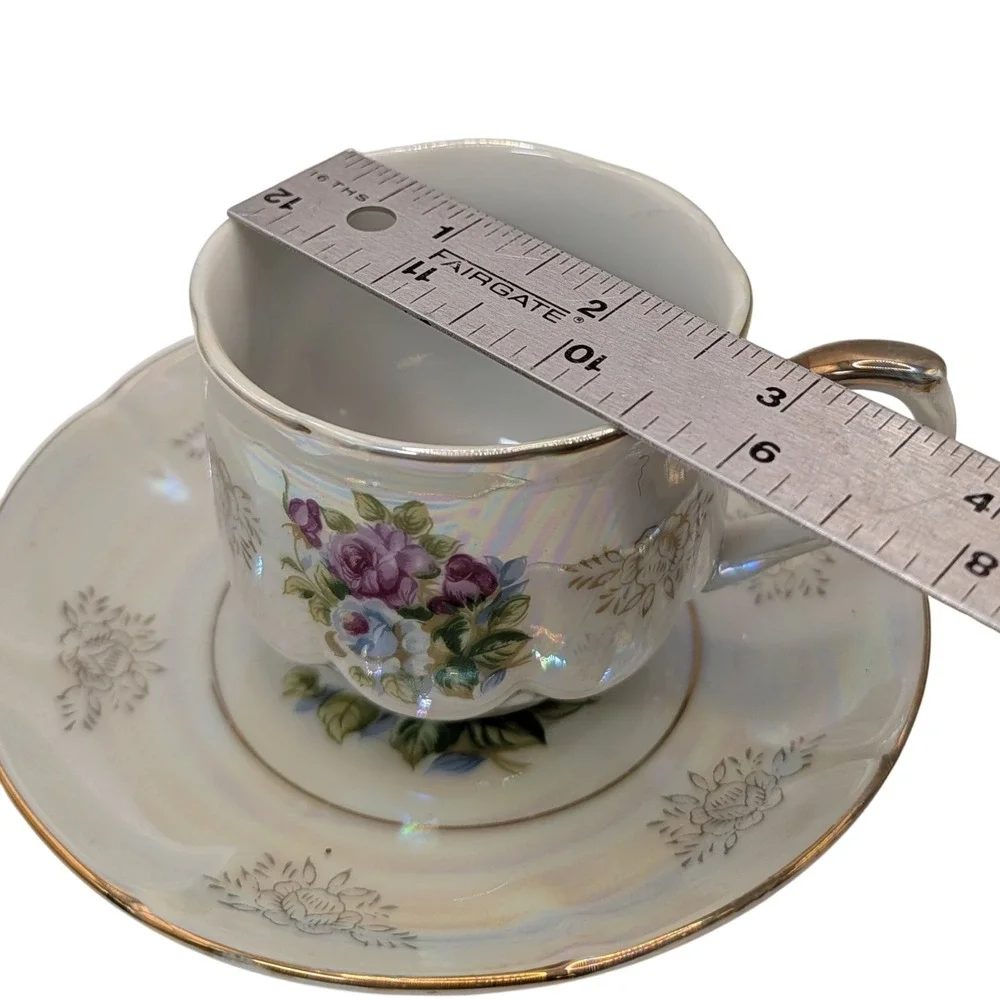 Vintage Seyei Fine China Demitasse Cups and Saucers Iridescent Floral Set of Two